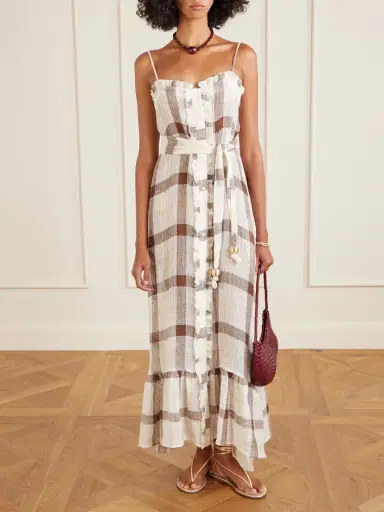 Lisa Marie Fernandez Belted Embellished Tiered Ruffled Checked Linen-blend Gauze Maxi Dress | Thumbnail 2 Lisa Marie Fernandez Belted Embellished Tiered Ruffled Checked Linen-blend Gauze Maxi Dress | Thumbnail 2