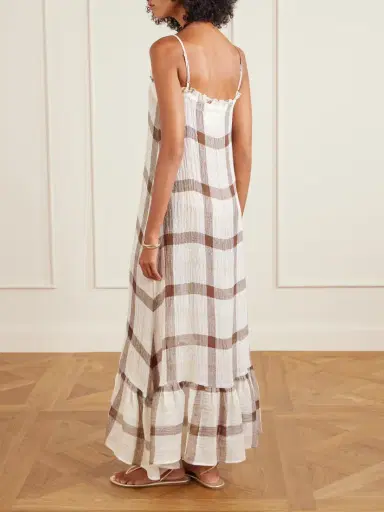 Lisa Marie Fernandez Belted Embellished Tiered Ruffled Checked Linen-blend Gauze Maxi Dress | Thumbnail 3 Lisa Marie Fernandez Belted Embellished Tiered Ruffled Checked Linen-blend Gauze Maxi Dress | Thumbnail 3