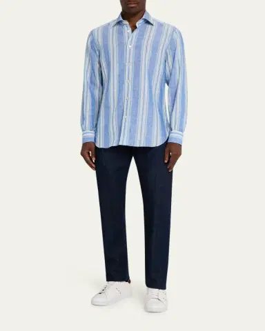 Kiton Men's Linen Blend Wide Stripe Button-Down Shirt | Thumbnail 2 Kiton Men's Linen Blend Wide Stripe Button-Down Shirt | Thumbnail 2