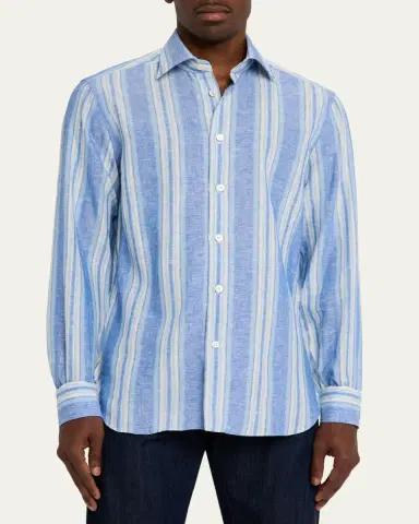 Kiton Men's Linen Blend Wide Stripe Button-Down Shirt | Thumbnail 4 Kiton Men's Linen Blend Wide Stripe Button-Down Shirt | Thumbnail 4