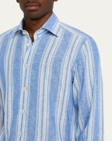 Kiton Men's Linen Blend Wide Stripe Button-Down Shirt | Thumbnail 5 Kiton Men's Linen Blend Wide Stripe Button-Down Shirt | Thumbnail 5