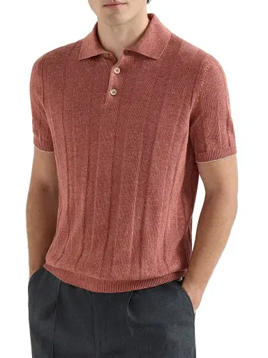 Brunello Cucinelli Men's Linen and Cotton Wide Rib Knit Polo Shirt - Terracotta | Thumbnail 2 Brunello Cucinelli Men's Linen and Cotton Wide Rib Knit Polo Shirt - Terracotta | Thumbnail 2
