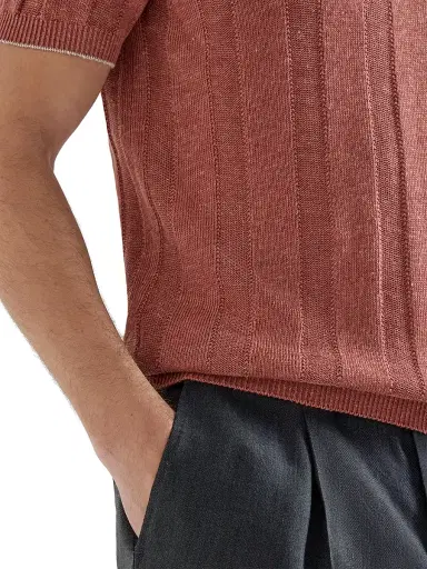 Brunello Cucinelli Men's Linen and Cotton Wide Rib Knit Polo Shirt - Terracotta | Thumbnail 4 Brunello Cucinelli Men's Linen and Cotton Wide Rib Knit Polo Shirt - Terracotta | Thumbnail 4