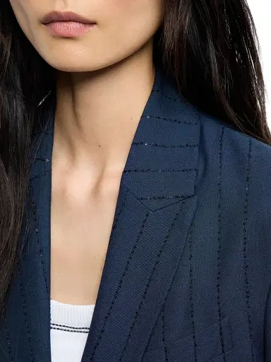 Brunello Cucinelli Women's Dazzling Chalk Stripe Blazer with Monili - Blue | Thumbnail 4 Brunello Cucinelli Women's Dazzling Chalk Stripe Blazer with Monili - Blue | Thumbnail 4