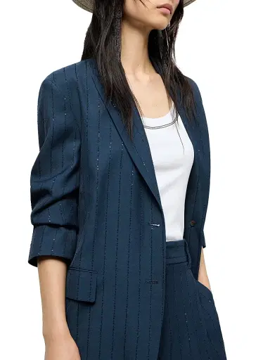 Brunello Cucinelli Women's Dazzling Chalk Stripe Blazer with Monili - Blue | Thumbnail 5 Brunello Cucinelli Women's Dazzling Chalk Stripe Blazer with Monili - Blue | Thumbnail 5