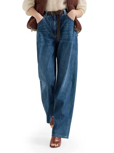 Brunello Cucinelli Women's Lightweight Denim Baggy Trousers with Monili - Denim | Thumbnail 4 Brunello Cucinelli Women's Lightweight Denim Baggy Trousers with Monili - Denim | Thumbnail 4