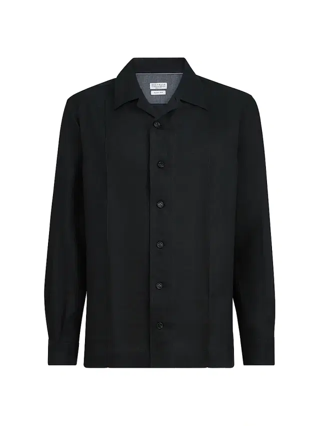 Men's Linen Easy Fit Shirt with Crête Details - Black Men's Linen Easy Fit Shirt with Crête Details - Black