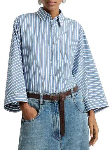 Brunello Cucinelli Women's Cotton Shadow Stripe Poplin Shirt with Monili - Azure | Thumbnail 4 Brunello Cucinelli Women's Cotton Shadow Stripe Poplin Shirt with Monili - Azure | Thumbnail 4