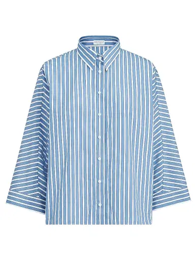 Brunello Cucinelli Women's Cotton Shadow Stripe Poplin Shirt with Monili - Azure | Thumbnail 1 Brunello Cucinelli Women's Cotton Shadow Stripe Poplin Shirt with Monili - Azure | Thumbnail 1