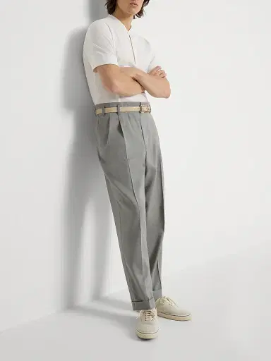Brunello Cucinelli Men's Linen, Virgin Wool and Mohair Gabardine Trousers with Double Pleats | Thumbnail 5 Brunello Cucinelli Men's Linen, Virgin Wool and Mohair Gabardine Trousers with Double Pleats | Thumbnail 5