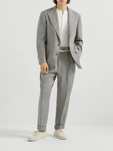 Brunello Cucinelli Men's Linen, Virgin Wool and Mohair Gabardine Trousers with Double Pleats | Thumbnail 6 Brunello Cucinelli Men's Linen, Virgin Wool and Mohair Gabardine Trousers with Double Pleats | Thumbnail 6