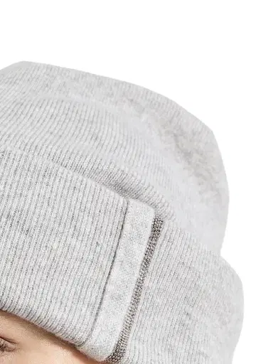 Brunello Cucinelli Women's Cashmere Rib Knit Beanie with Monili - Light Grey | Thumbnail 3 Brunello Cucinelli Women's Cashmere Rib Knit Beanie with Monili - Light Grey | Thumbnail 3