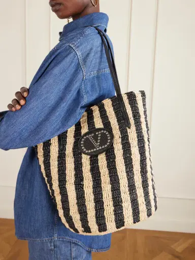 Valentino Garavani Vlogo Signature Small Leather-trimmed Striped Raffia Bucket Bag | Thumbnail 2 Valentino Garavani Vlogo Signature Small Leather-trimmed Striped Raffia Bucket Bag | Thumbnail 2