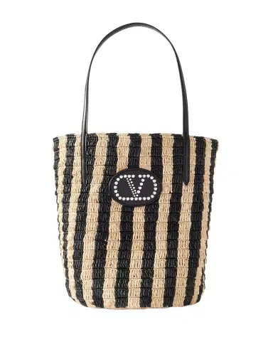 Valentino Garavani Vlogo Signature Small Leather-trimmed Striped Raffia Bucket Bag | Thumbnail 1 Valentino Garavani Vlogo Signature Small Leather-trimmed Striped Raffia Bucket Bag | Thumbnail 1