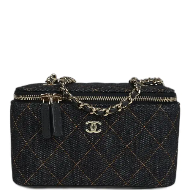 Chanel Small Classic Vanity Case Dark Blue Denim Light Gold Hardware Chanel Small Classic Vanity Case Dark Blue Denim Light Gold Hardware