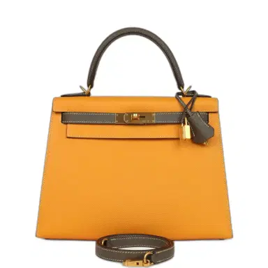 HERMÈS Pre-owned Hermes Special Order (HSS) Kelly Sellier 28 Jaune Ambre and Etoupe Epsom Brushed Gold Hardware | Thumbnail 1 HERMÈS Pre-owned Hermes Special Order (HSS) Kelly Sellier 28 Jaune Ambre and Etoupe Epsom Brushed Gold Hardware | Thumbnail 1