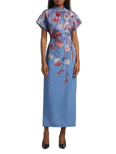 Lela Rose Women's Stella Floral Crêpe Midi-Dress - Cornflower Multi | Thumbnail 3 Lela Rose Women's Stella Floral Crêpe Midi-Dress - Cornflower Multi | Thumbnail 3