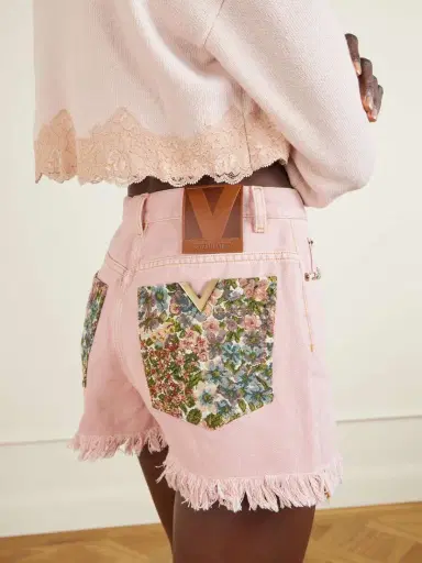 Valentino Garavani Frayed Embellished Cotton And Linen-blend Denim Shorts | Thumbnail 5 Valentino Garavani Frayed Embellished Cotton And Linen-blend Denim Shorts | Thumbnail 5