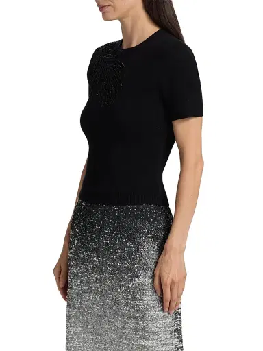 Oscar de la Renta Women's Beaded Feather-Embroidered Short-Sleeve Sweater | Thumbnail 4 Oscar de la Renta Women's Beaded Feather-Embroidered Short-Sleeve Sweater | Thumbnail 4
