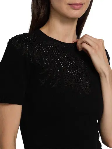 Oscar de la Renta Women's Beaded Feather-Embroidered Short-Sleeve Sweater | Thumbnail 6 Oscar de la Renta Women's Beaded Feather-Embroidered Short-Sleeve Sweater | Thumbnail 6