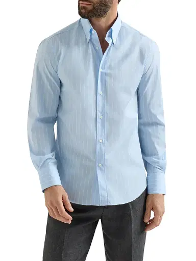 Brunello Cucinelli Men's Striped Poplin Slim Fit Shirt with Button Down Collar - Azure | Thumbnail 2 Brunello Cucinelli Men's Striped Poplin Slim Fit Shirt with Button Down Collar - Azure | Thumbnail 2
