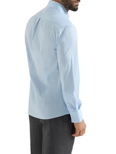 Brunello Cucinelli Men's Striped Poplin Slim Fit Shirt with Button Down Collar - Azure | Thumbnail 3 Brunello Cucinelli Men's Striped Poplin Slim Fit Shirt with Button Down Collar - Azure | Thumbnail 3