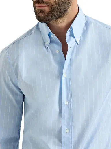 Brunello Cucinelli Men's Striped Poplin Slim Fit Shirt with Button Down Collar - Azure | Thumbnail 4 Brunello Cucinelli Men's Striped Poplin Slim Fit Shirt with Button Down Collar - Azure | Thumbnail 4