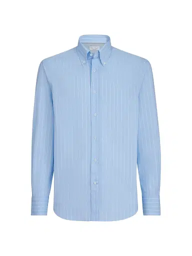 Brunello Cucinelli Men's Striped Poplin Slim Fit Shirt with Button Down Collar - Azure | Thumbnail 1 Brunello Cucinelli Men's Striped Poplin Slim Fit Shirt with Button Down Collar - Azure | Thumbnail 1
