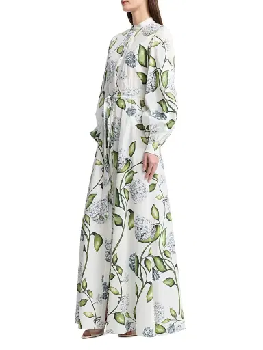 Oscar de la Renta Women's Porcelain Flowers Poplin Balloon-Sleeve Maxi Dress - Denim White | Thumbnail 4 Oscar de la Renta Women's Porcelain Flowers Poplin Balloon-Sleeve Maxi Dress - Denim White | Thumbnail 4