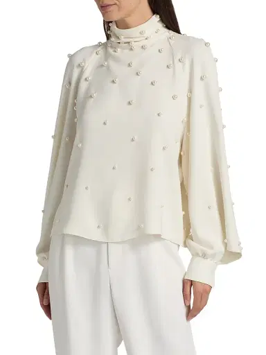Oscar de la Renta Women's Imitation Pearl-Embellished Silk-Blend Georgette Blouse - | Thumbnail 3 Oscar de la Renta Women's Imitation Pearl-Embellished Silk-Blend Georgette Blouse - | Thumbnail 3