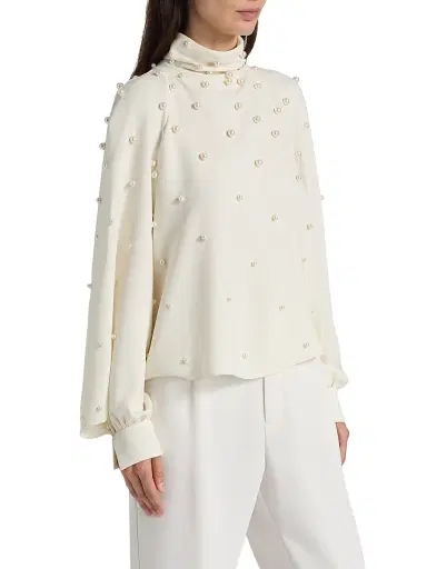 Oscar de la Renta Women's Imitation Pearl-Embellished Silk-Blend Georgette Blouse - | Thumbnail 4 Oscar de la Renta Women's Imitation Pearl-Embellished Silk-Blend Georgette Blouse - | Thumbnail 4