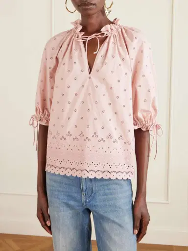 Valentino Garavani Tie-detailed Gathered Broderie Anglaise Cotton Blouse | Thumbnail 3 Valentino Garavani Tie-detailed Gathered Broderie Anglaise Cotton Blouse | Thumbnail 3