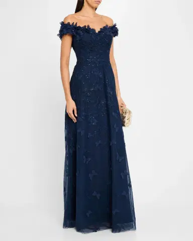 Rickie Freeman for Teri Jon Off-Shoulder Floral-Embroidered Tulle Gown | Thumbnail 3 Rickie Freeman for Teri Jon Off-Shoulder Floral-Embroidered Tulle Gown | Thumbnail 3