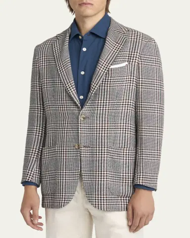 Kiton Men's Prince of Wales Cashmere and Linen Sport Coat | Thumbnail 4 Kiton Men's Prince of Wales Cashmere and Linen Sport Coat | Thumbnail 4