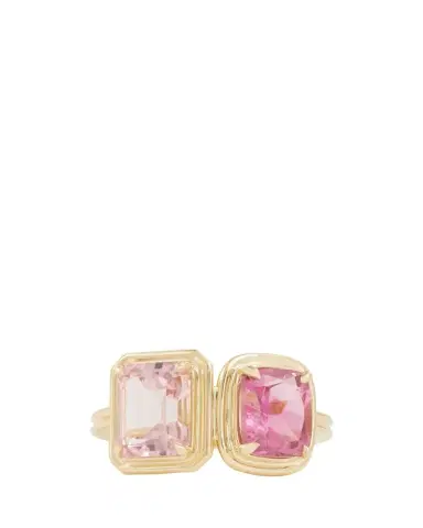 Jamie Wolf 18K Yellow Gold Emerald and Cushion Cut Pink Tourmaline Ring with Double Band | Thumbnail 1 Jamie Wolf 18K Yellow Gold Emerald and Cushion Cut Pink Tourmaline Ring with Double Band | Thumbnail 1