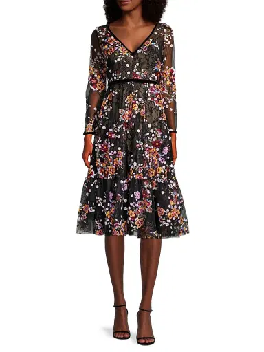 Mac Duggal Women's Embroidered Floral Lace Tea Dress - Black Multi - Size 16 | Thumbnail 2 Mac Duggal Women's Embroidered Floral Lace Tea Dress - Black Multi - Size 16 | Thumbnail 2