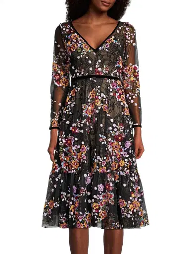 Mac Duggal Women's Embroidered Floral Lace Tea Dress - Black Multi - Size 16 | Thumbnail 3 Mac Duggal Women's Embroidered Floral Lace Tea Dress - Black Multi - Size 16 | Thumbnail 3
