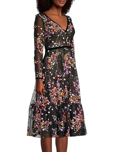 Mac Duggal Women's Embroidered Floral Lace Tea Dress - Black Multi - Size 16 | Thumbnail 4 Mac Duggal Women's Embroidered Floral Lace Tea Dress - Black Multi - Size 16 | Thumbnail 4