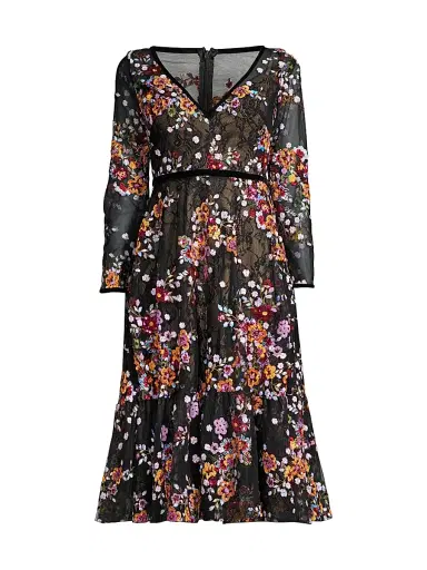Mac Duggal Women's Embroidered Floral Lace Tea Dress - Black Multi - Size 16 | Thumbnail 1 Mac Duggal Women's Embroidered Floral Lace Tea Dress - Black Multi - Size 16 | Thumbnail 1
