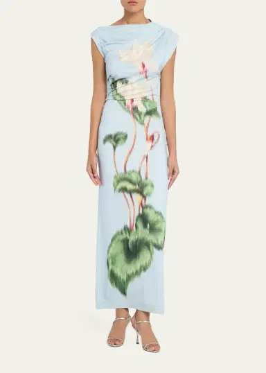 Oscar de la Renta Chinese Cyclamen-Print Draped Jersey Maxi Dress | Thumbnail 2 Oscar de la Renta Chinese Cyclamen-Print Draped Jersey Maxi Dress | Thumbnail 2