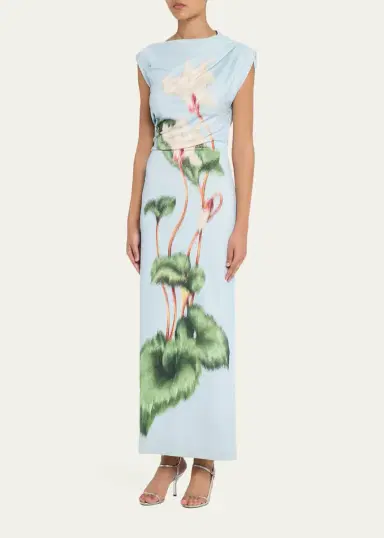 Oscar de la Renta Chinese Cyclamen-Print Draped Jersey Maxi Dress | Thumbnail 4 Oscar de la Renta Chinese Cyclamen-Print Draped Jersey Maxi Dress | Thumbnail 4