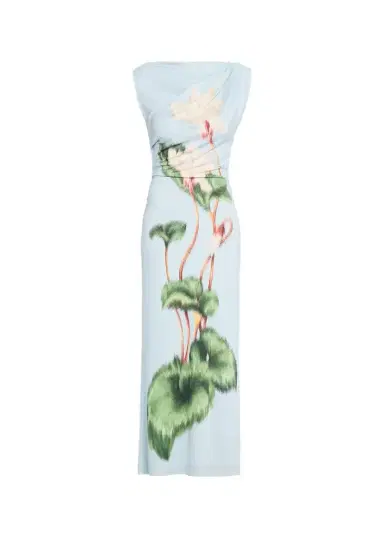 Oscar de la Renta Chinese Cyclamen-Print Draped Jersey Maxi Dress | Thumbnail 1 Oscar de la Renta Chinese Cyclamen-Print Draped Jersey Maxi Dress | Thumbnail 1