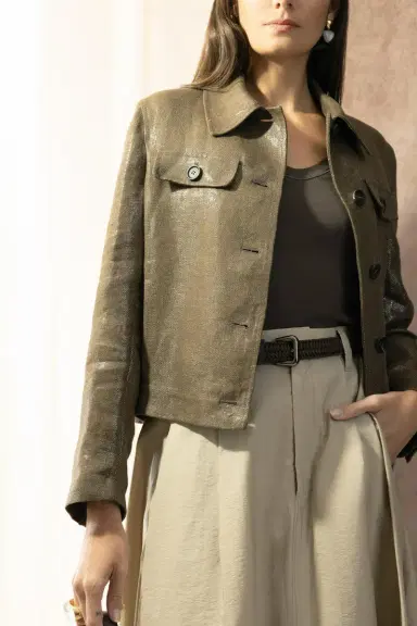 Brunello Cucinelli Shiny Button Front Jacket - Brown Silver | Thumbnail 3 Brunello Cucinelli Shiny Button Front Jacket - Brown Silver | Thumbnail 3