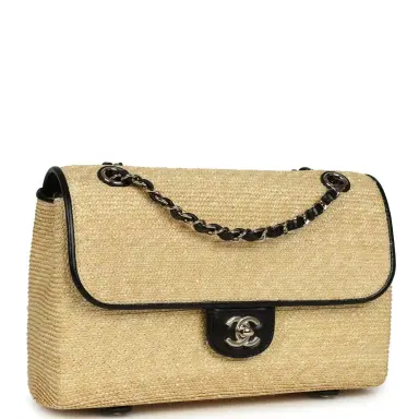 Chanel Chanel Large Flap Bag Beige Raffia and Black Lambskin Light Gold Hardware | Thumbnail 2 Chanel Chanel Large Flap Bag Beige Raffia and Black Lambskin Light Gold Hardware | Thumbnail 2