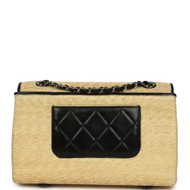 Chanel Chanel Large Flap Bag Beige Raffia and Black Lambskin Light Gold Hardware | Thumbnail 5 Chanel Chanel Large Flap Bag Beige Raffia and Black Lambskin Light Gold Hardware | Thumbnail 5