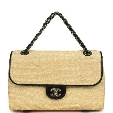 Chanel Chanel Large Flap Bag Beige Raffia and Black Lambskin Light Gold Hardware | Thumbnail 7 Chanel Chanel Large Flap Bag Beige Raffia and Black Lambskin Light Gold Hardware | Thumbnail 7