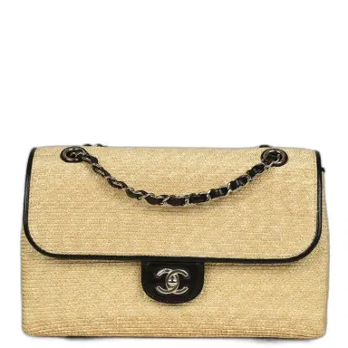Chanel Chanel Large Flap Bag Beige Raffia and Black Lambskin Light Gold Hardware | Thumbnail 1 Chanel Chanel Large Flap Bag Beige Raffia and Black Lambskin Light Gold Hardware | Thumbnail 1