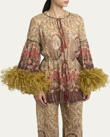 Valentino Garavani Flare-Sleeve Metallic Paisley Silk Top With Feather Trim | Thumbnail 4 Valentino Garavani Flare-Sleeve Metallic Paisley Silk Top With Feather Trim | Thumbnail 4