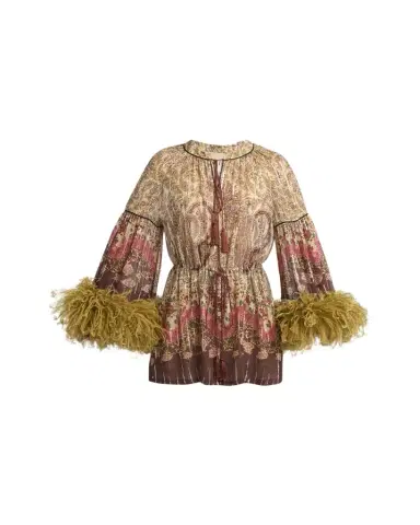 Valentino Garavani Flare-Sleeve Metallic Paisley Silk Top With Feather Trim | Thumbnail 1 Valentino Garavani Flare-Sleeve Metallic Paisley Silk Top With Feather Trim | Thumbnail 1