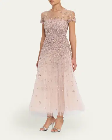 Oscar de la Renta Degrade Crystal Cap-Sleeve Midi Cocktail Dress | Thumbnail 4 Oscar de la Renta Degrade Crystal Cap-Sleeve Midi Cocktail Dress | Thumbnail 4
